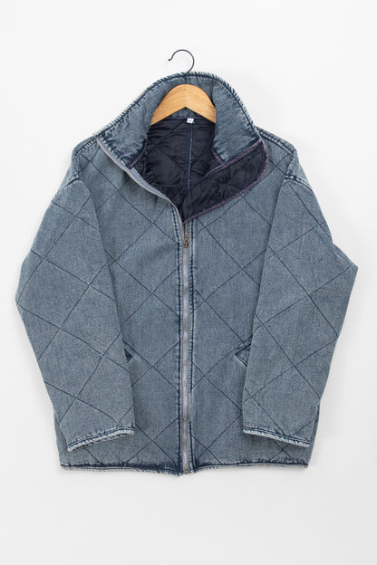Blue Washed Quilted Zipper Denim Jacket