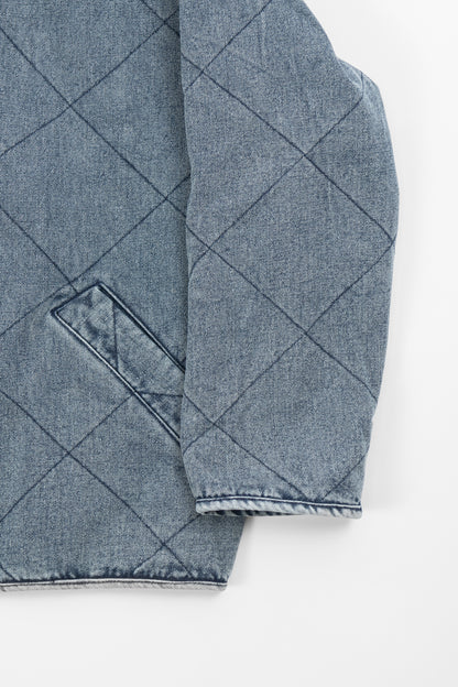 Blue Washed Quilted Zipper Denim Jacket