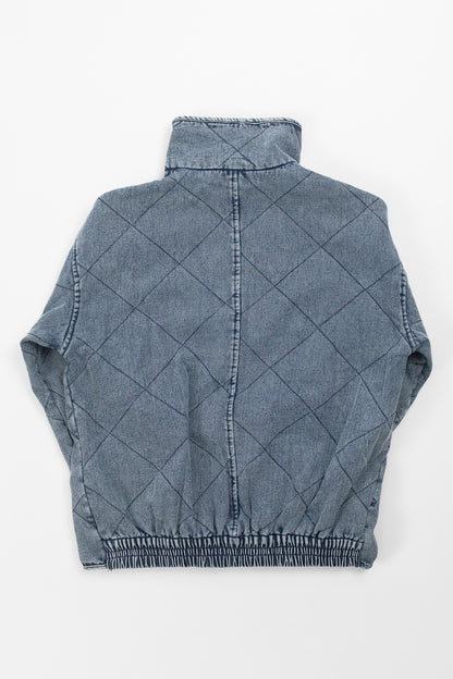 Blue Washed Quilted Zipper Denim Jacket