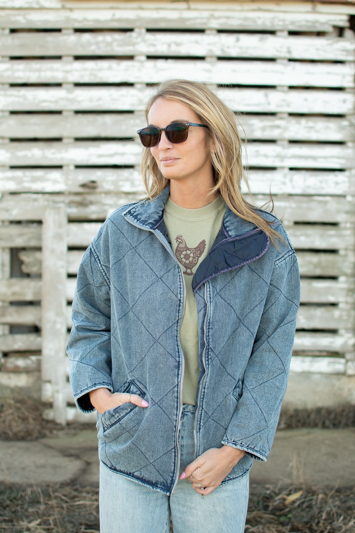 Blue Washed Quilted Zipper Denim Jacket