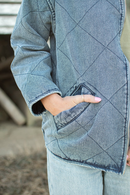 Blue Washed Quilted Zipper Denim Jacket