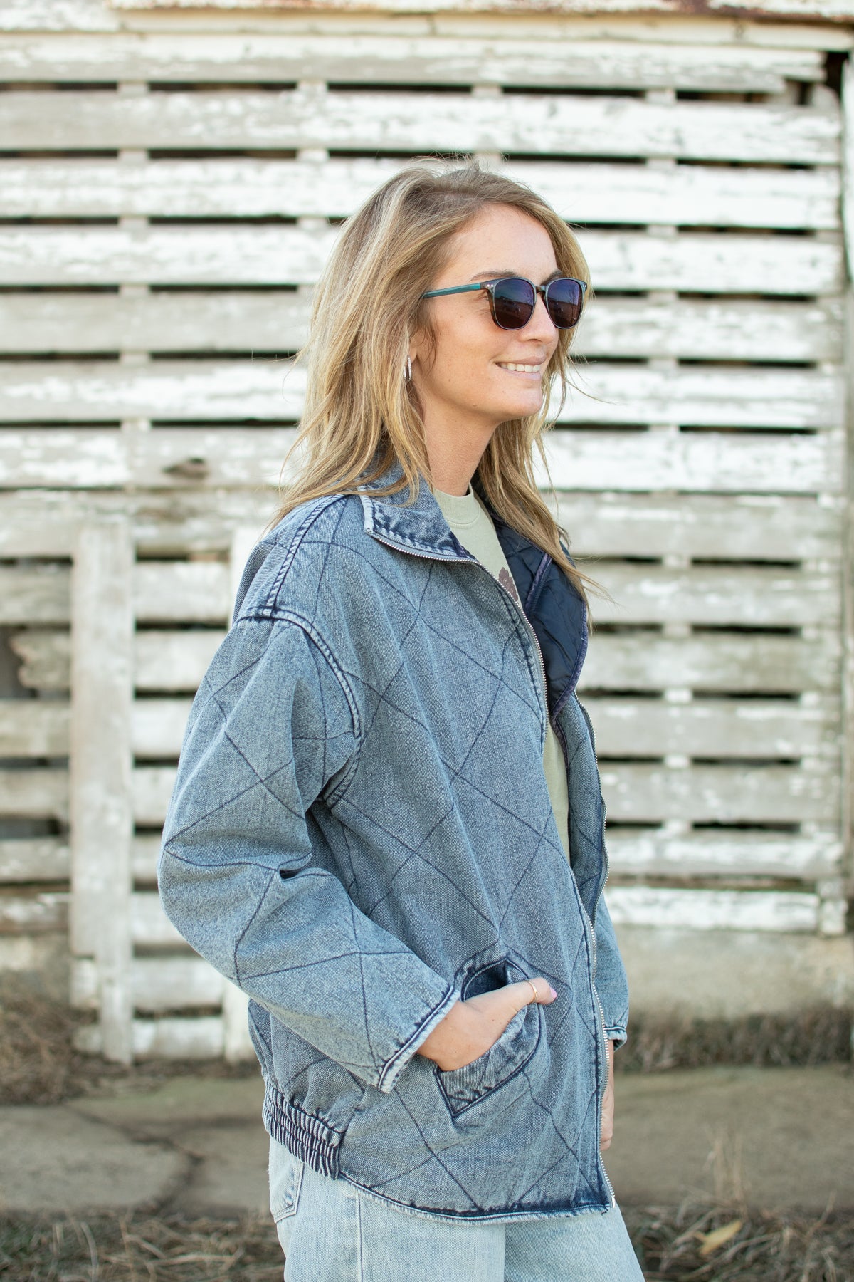 Blue Washed Quilted Zipper Denim Jacket