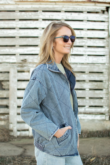 Blue Washed Quilted Zipper Denim Jacket