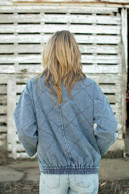 Blue Washed Quilted Zipper Denim Jacket