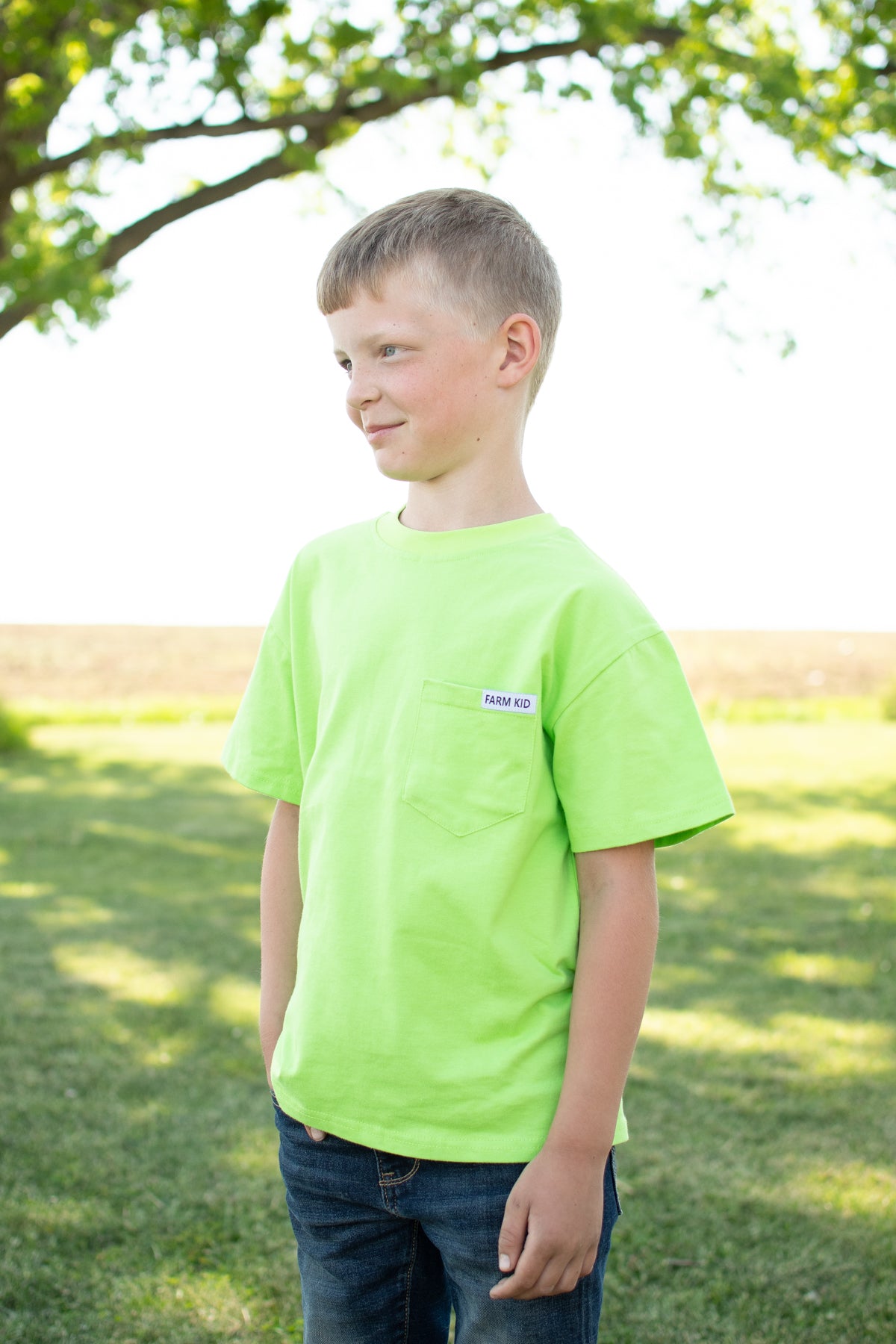 Bright Green 'Farm Kid' Cotton Toddler/Youth Pocket Tee