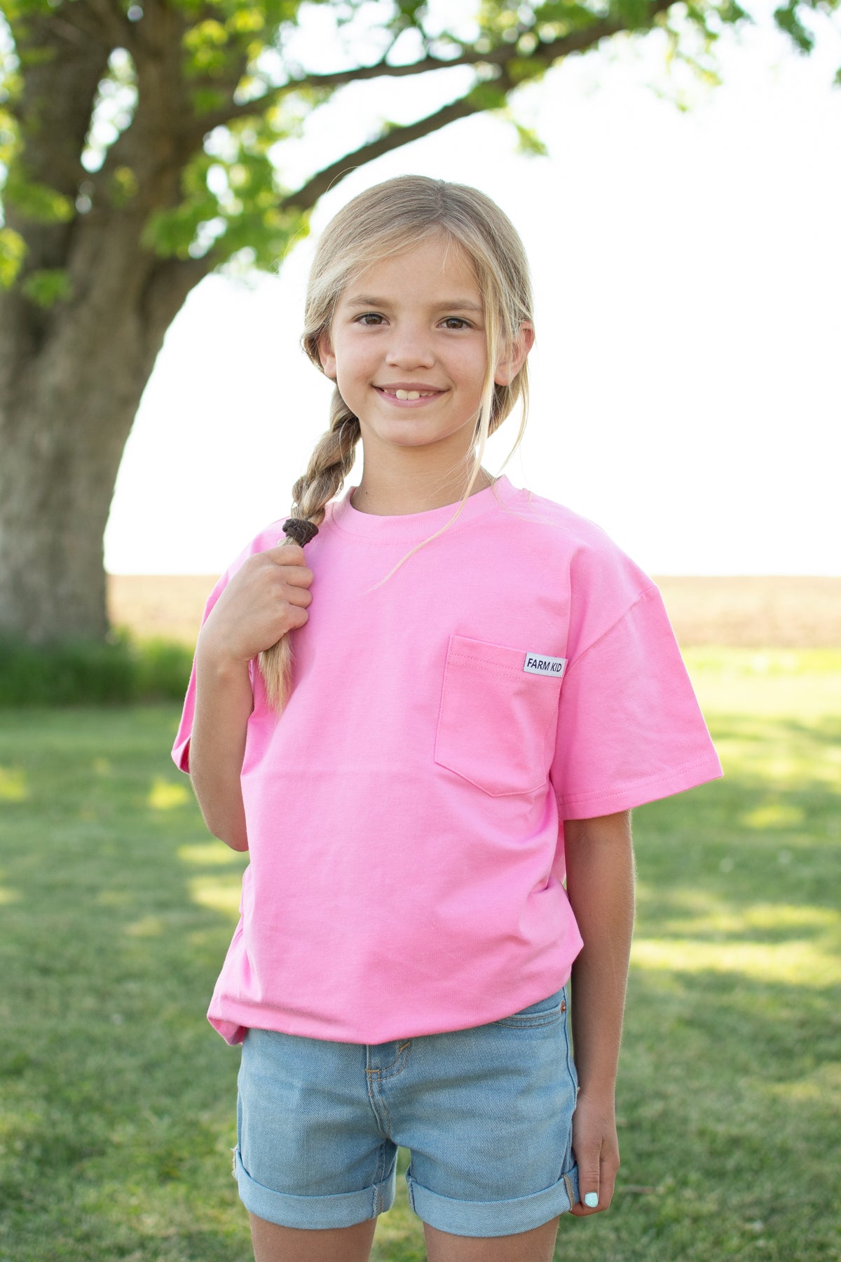 Bright Pink 'Farm Kid' Cotton Toddler/Youth Pocket Tee