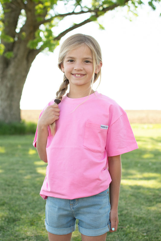 Bright Pink 'Farm Kid' Cotton Toddler/Youth Pocket Tee