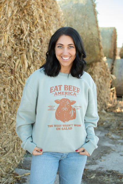 Brown Angus 'Eat Beef America' Sage Crewneck