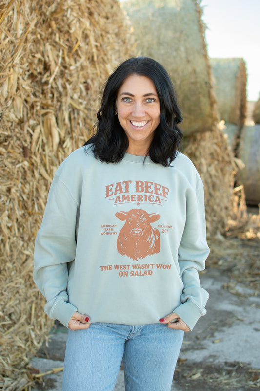 Brown Angus 'Eat Beef America' Sage Crewneck