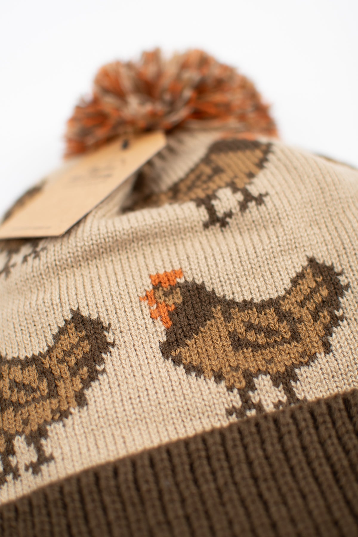 Brown Chicken Knit Pom-Pom Cuffed Stocking Cap