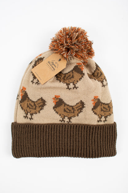 Brown Chicken Knit Pom-Pom Cuffed Stocking Cap