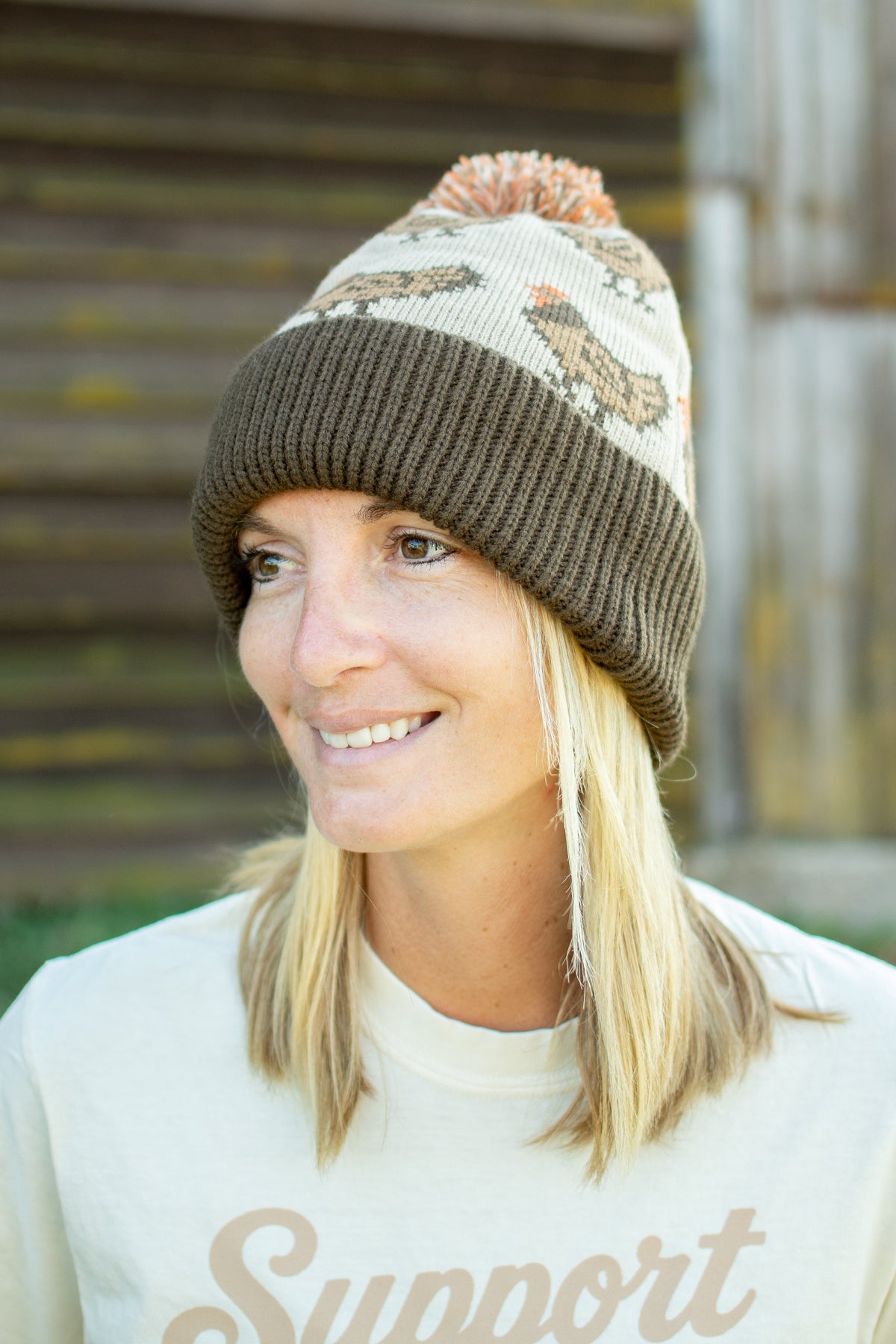 Brown Chicken Knit Pom-Pom Cuffed Stocking Cap