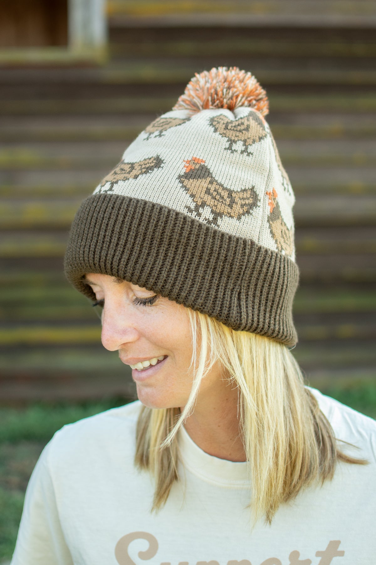 Brown Chicken Knit Pom-Pom Cuffed Stocking Cap