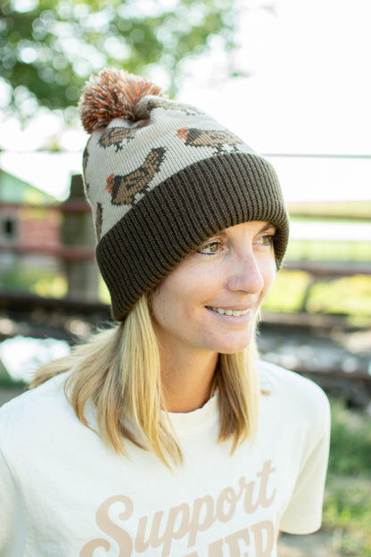 Brown Chicken Knit Pom-Pom Cuffed Stocking Cap