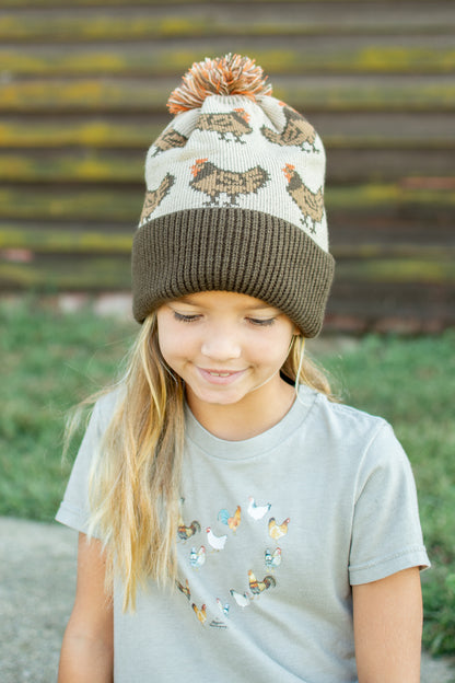 Brown Chicken Knit Pom-Pom Cuffed Stocking Cap