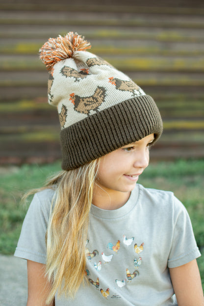 Brown Chicken Knit Pom-Pom Cuffed Stocking Cap