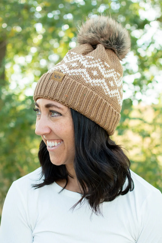 Brown & Cream Patterned Pom Hat