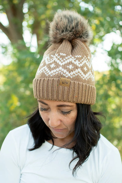 Brown & Cream Patterned Pom Hat