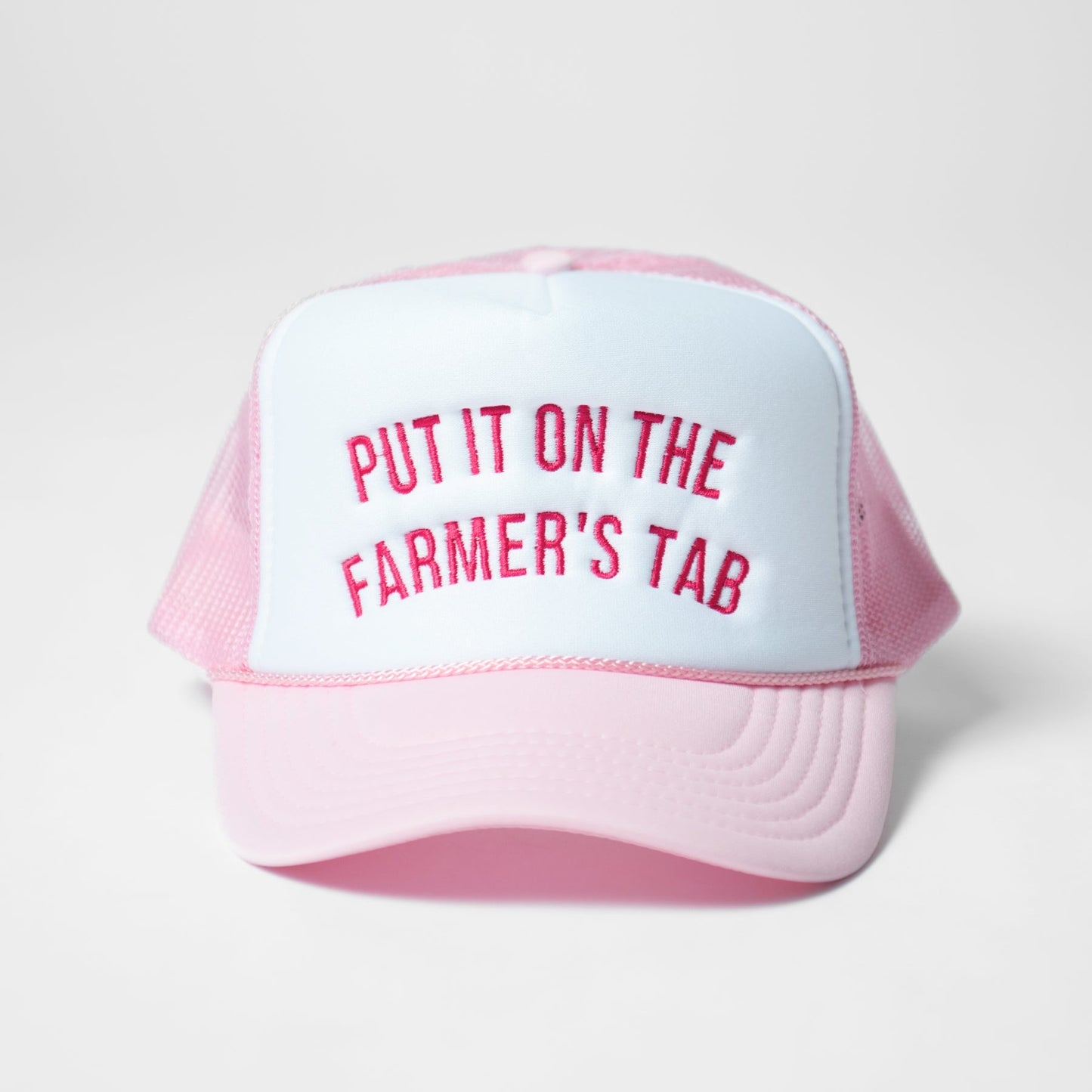 'Put It On The Farmer's Tab' Foam Trucker Hat - Pink/White