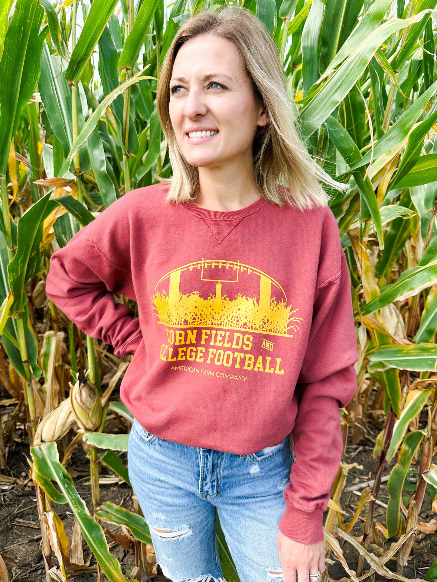 Cornfields and College Football Washed Red Crewneck - American Farm Company