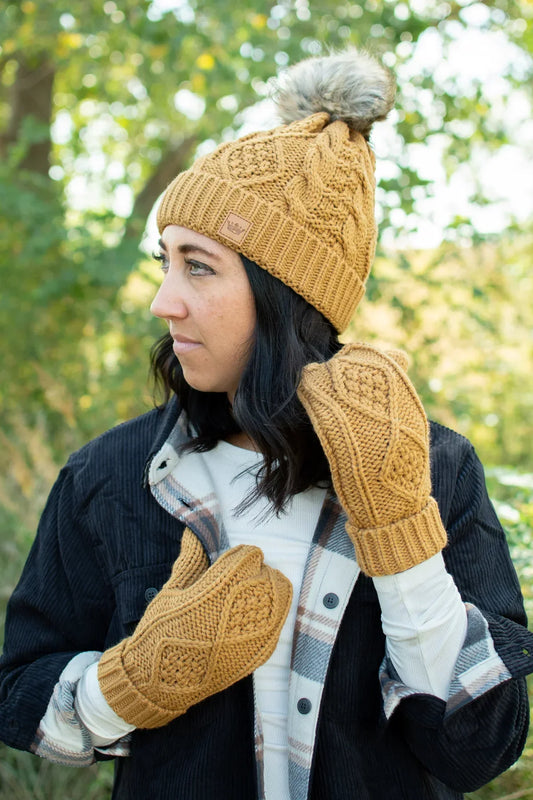 Camel Cable Knit Pom Hat