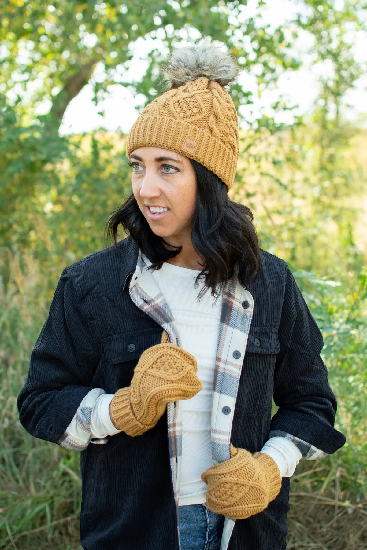 Camel Cable Knit Pom Hat