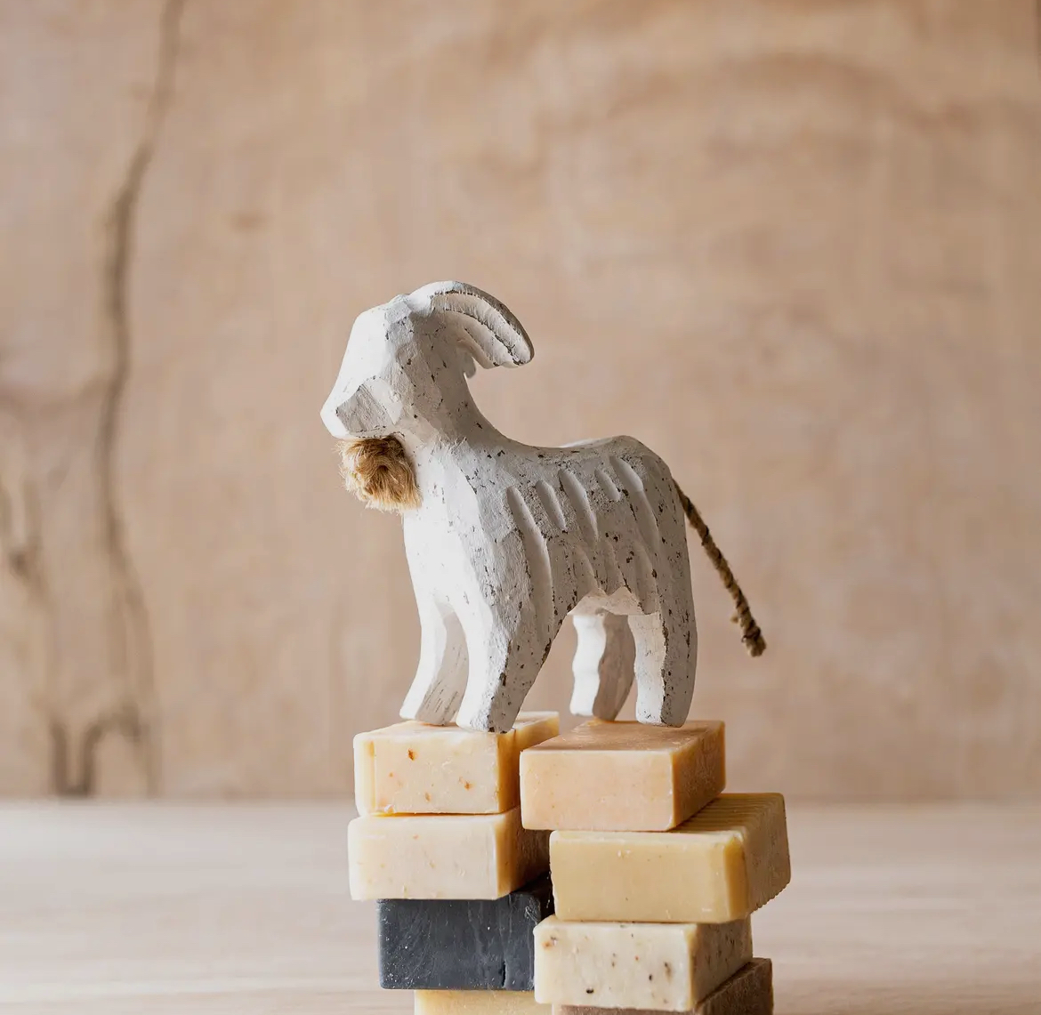 Carved White Wood & Jute Goat Accent Decor