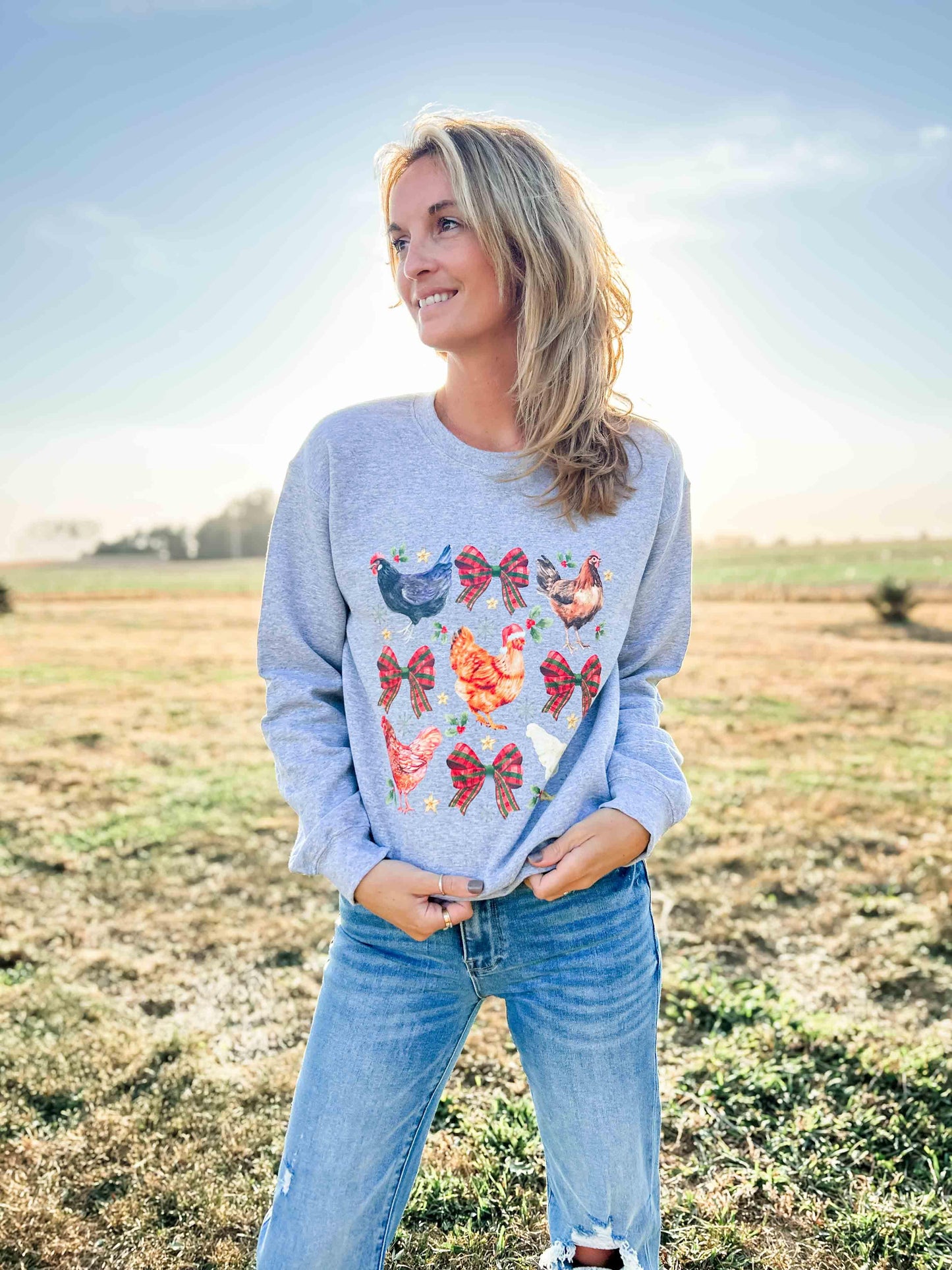 Chicken & Bows Christmas Grey Crewneck - American Farm Company