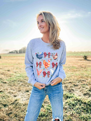 Chicken & Bows Christmas Grey Crewneck - American Farm Company