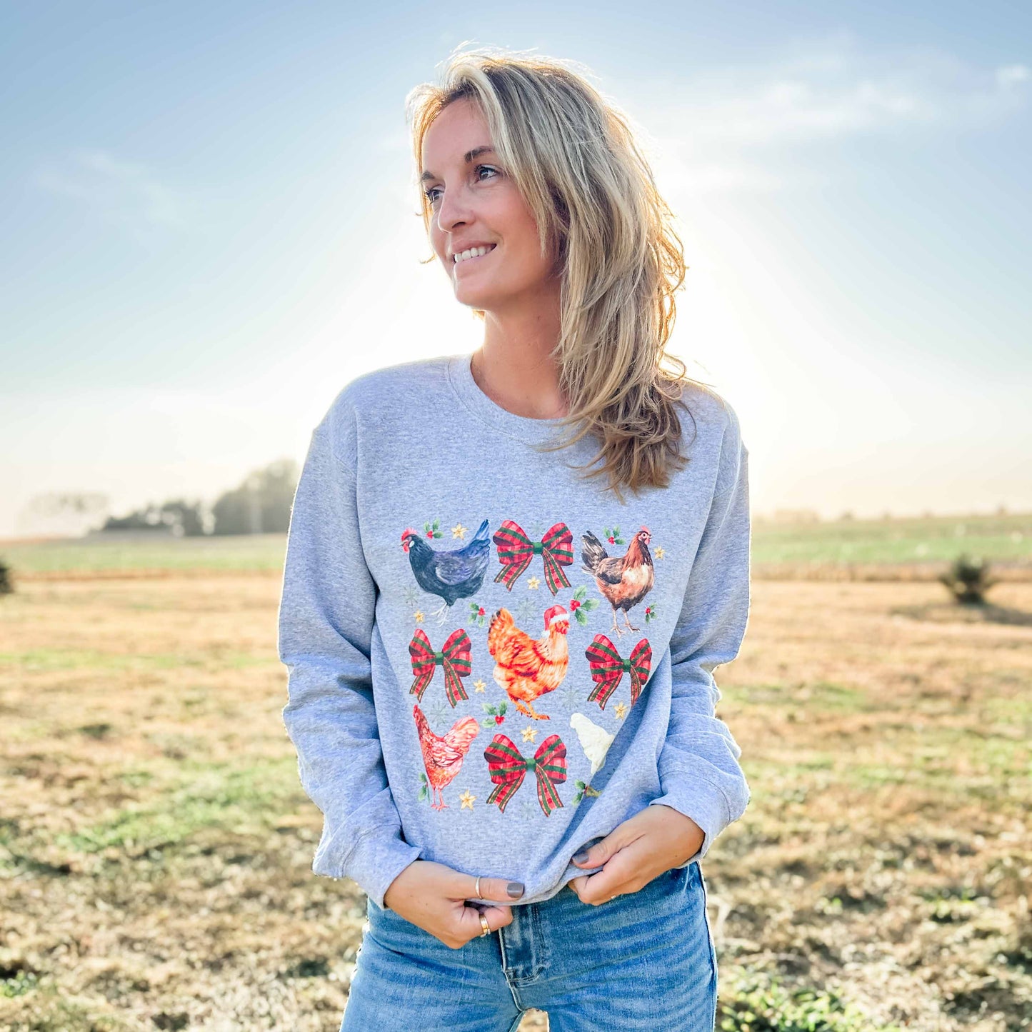 Chicken & Bows Christmas Grey Crewneck
