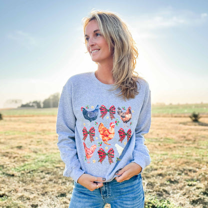 Chicken & Bows Christmas Grey Crewneck