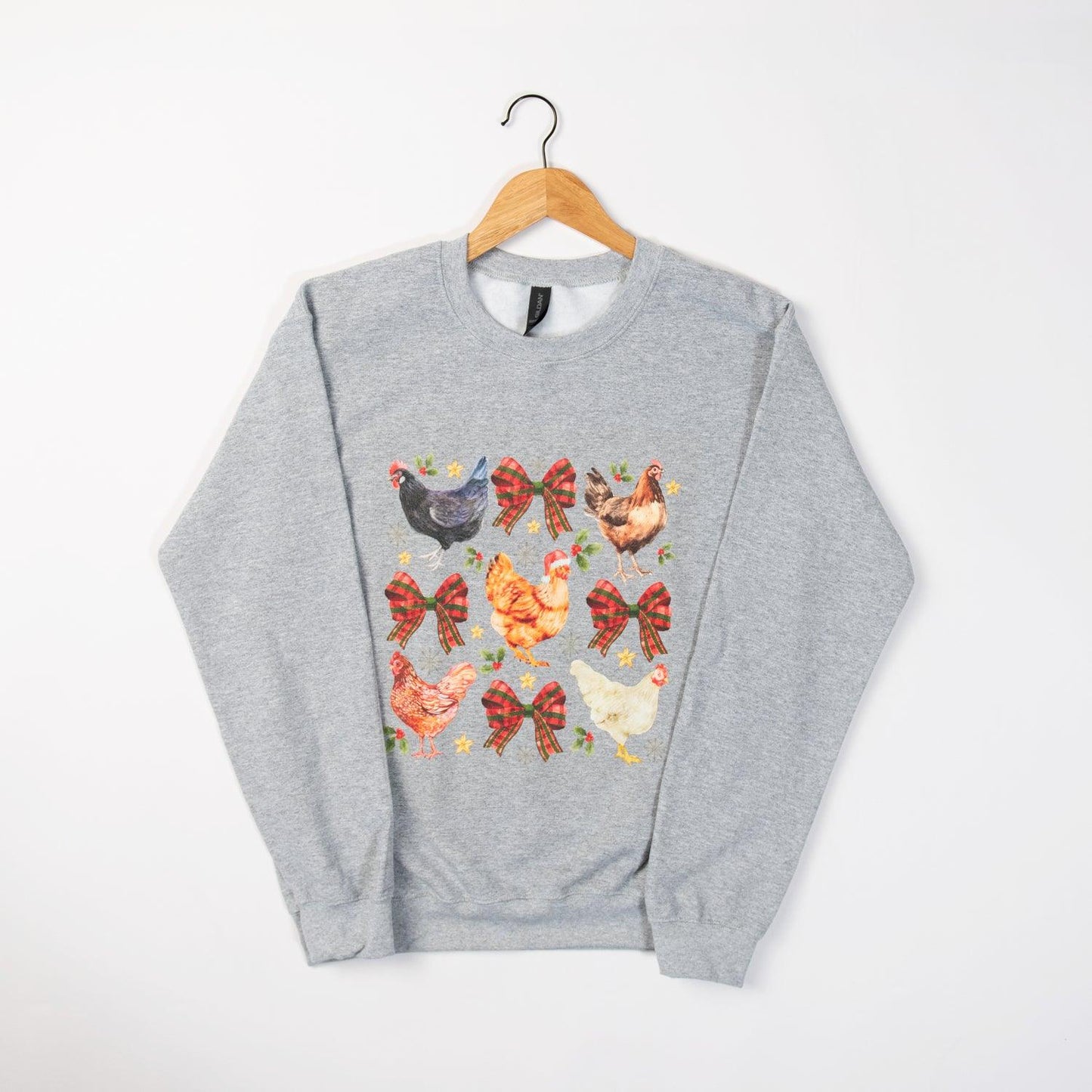 Chicken & Bows Christmas Grey Crewneck - American Farm Company