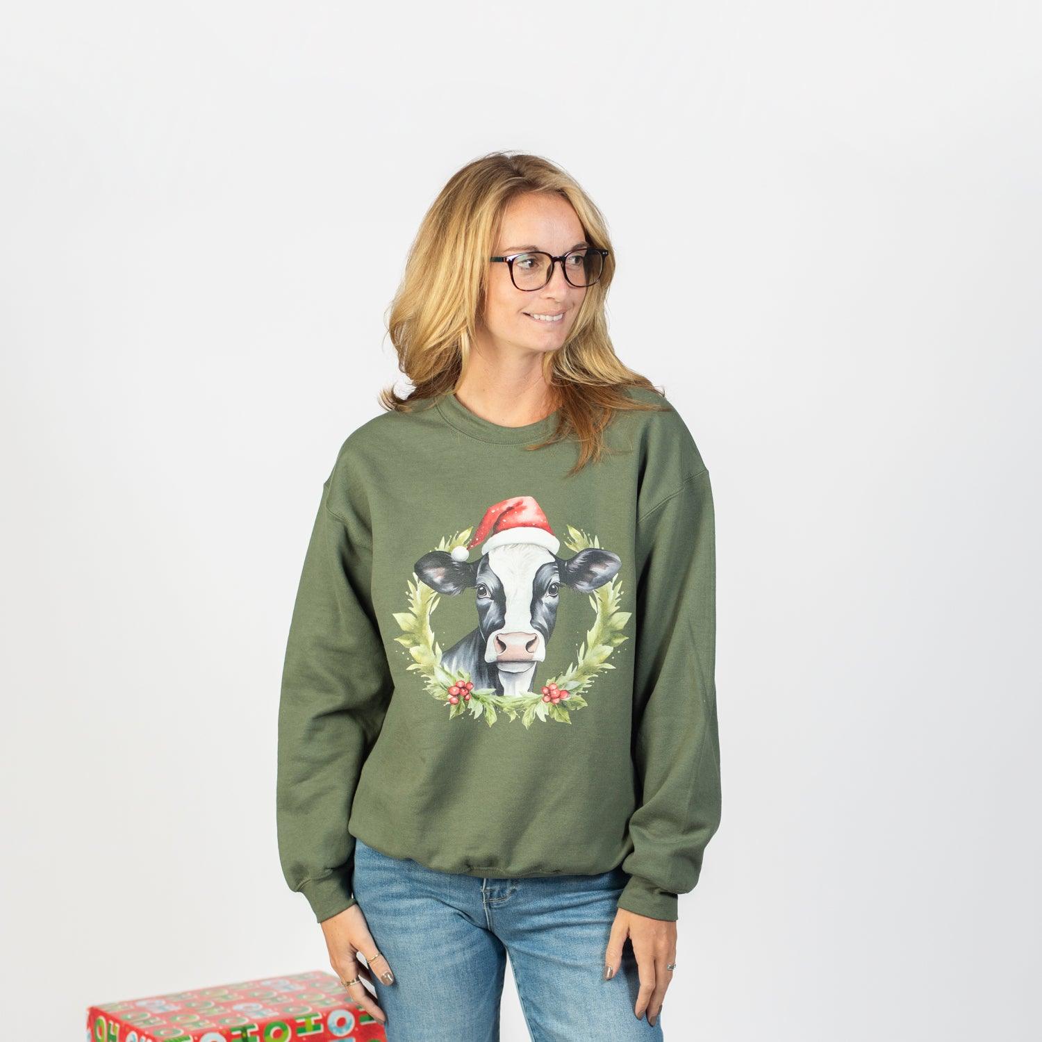 Christmas Cow Olive Crewneck - American Farm Company