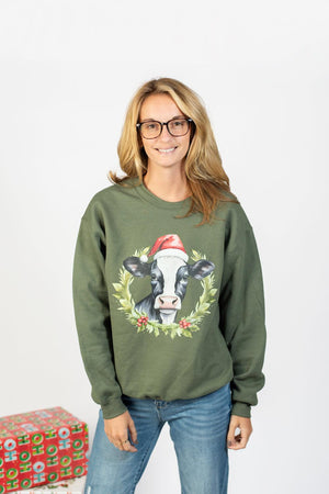 Christmas Cow Olive Crewneck - American Farm Company