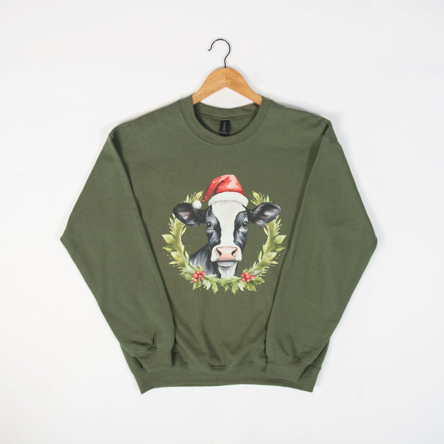 Christmas Cow Olive Crewneck - American Farm Company