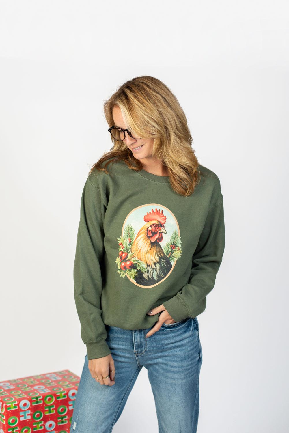 Christmas Rooster Olive Crewneck - American Farm Company