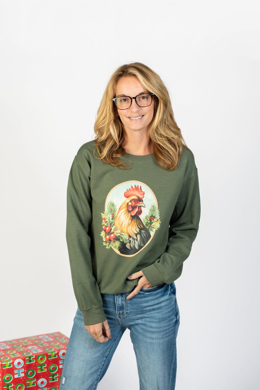 Christmas Rooster Olive Crewneck - American Farm Company