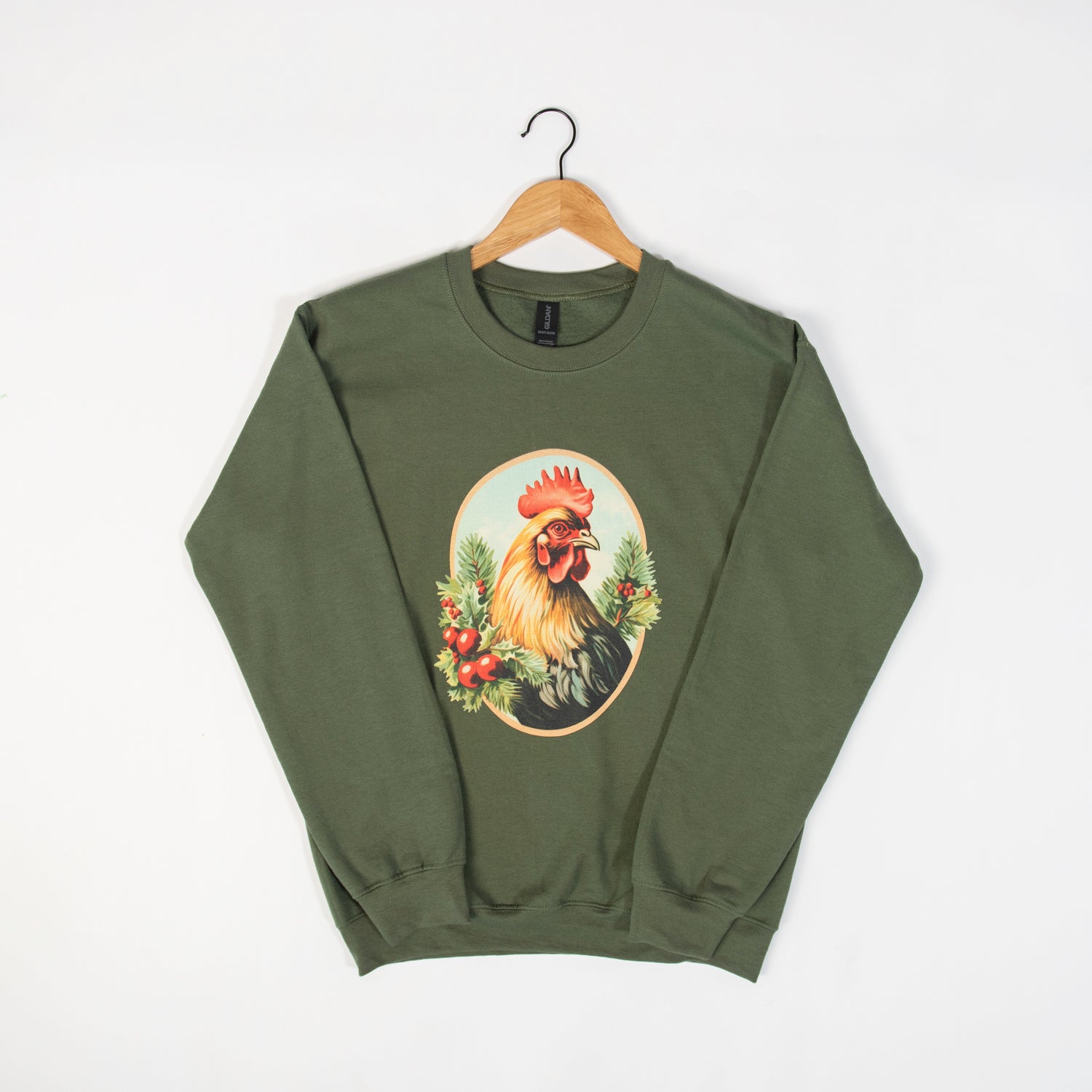 Christmas Rooster Olive Crewneck - American Farm Company