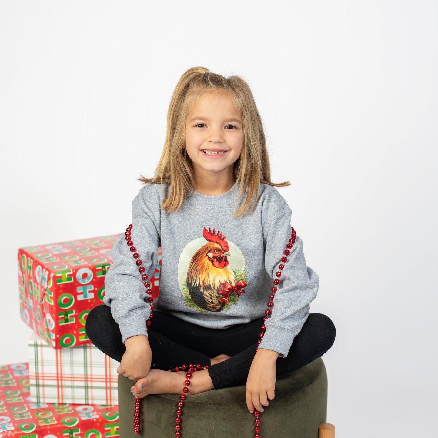 Christmas Rooster Youth Grey Crewneck - American Farm Company