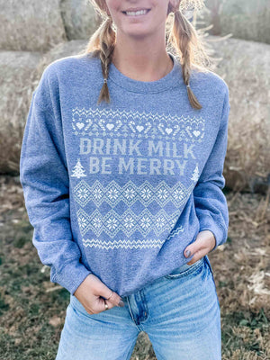 Christmas 'Be Merry Drink Milk' Grey Crewneck