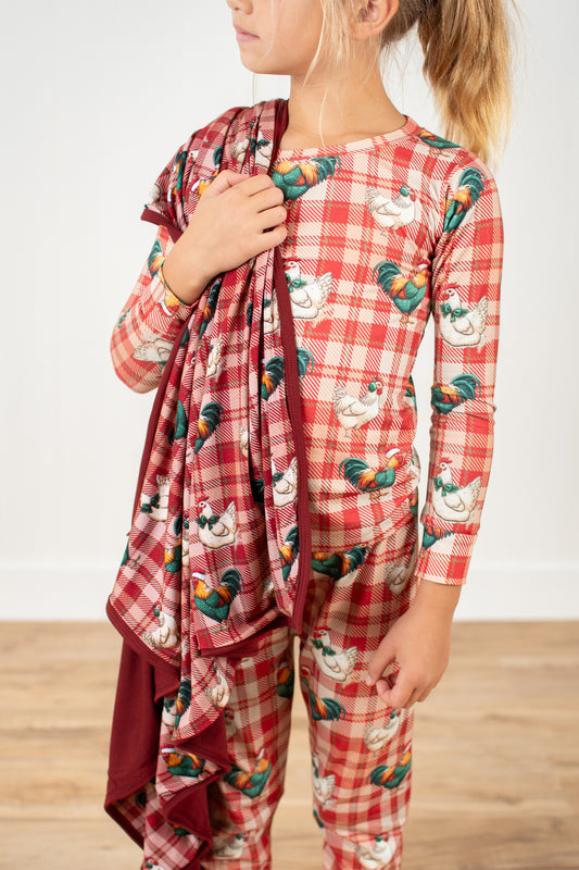 Christmas Chicken Plaid Kids Bamboo Blanket