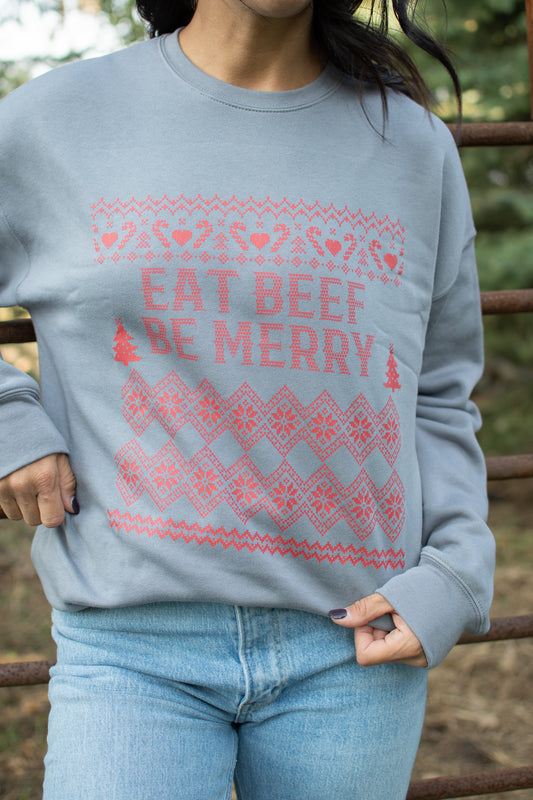 Christmas 'Eat Beef Be Merry' Grey Crewneck