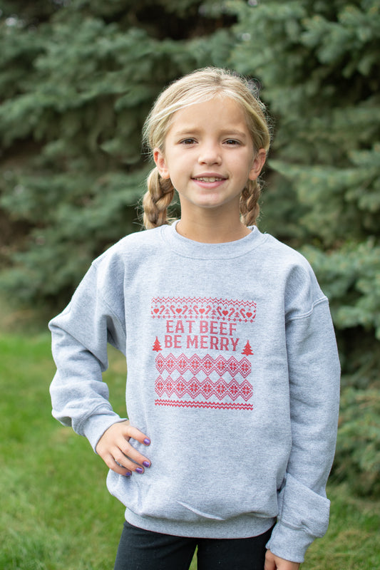 Christmas 'Eat Beef Be Merry' Toddler/Youth Grey Crewneck