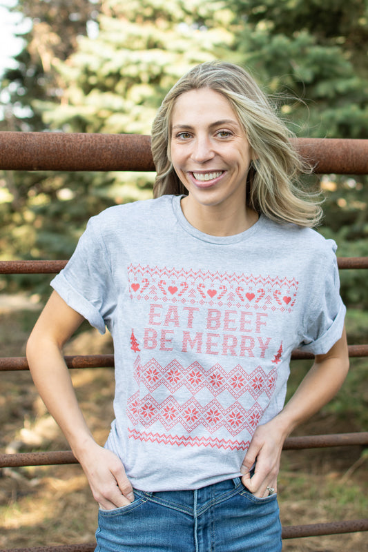 Christmas 'Eat Beef Be Merry' Grey Tee
