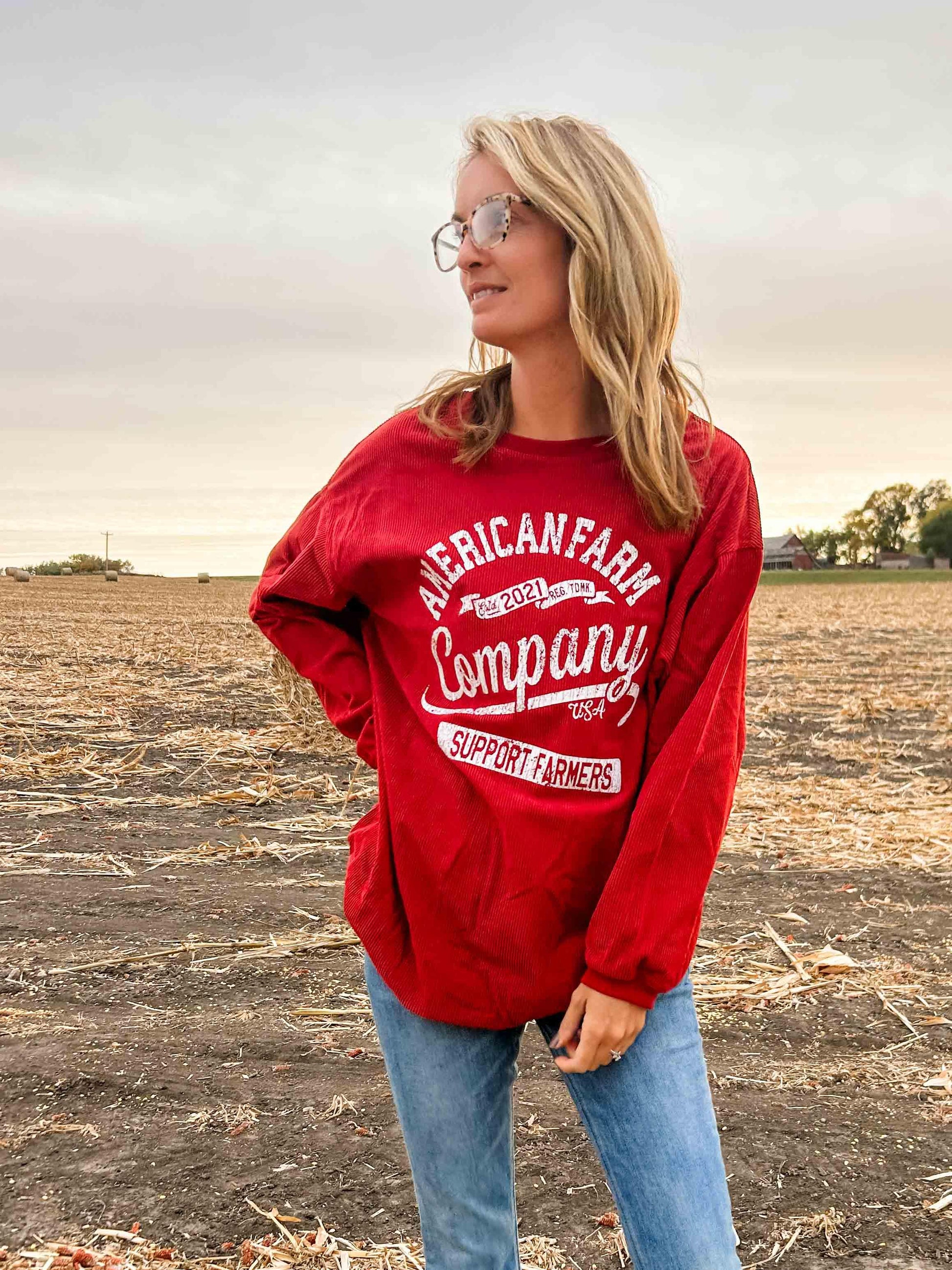 Old School AFC Support Farmers Dark Red Corded Crewneck - American Farm Company