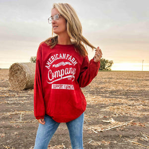 Old School AFC Support Farmers Dark Red Corded Crewneck - American Farm Company