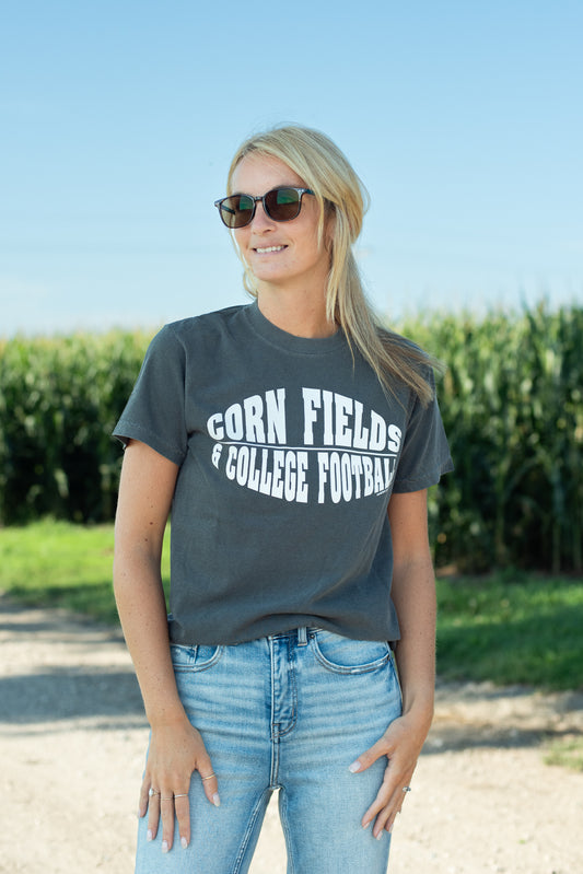 'Corn Fields & College Football' Charcoal Tee