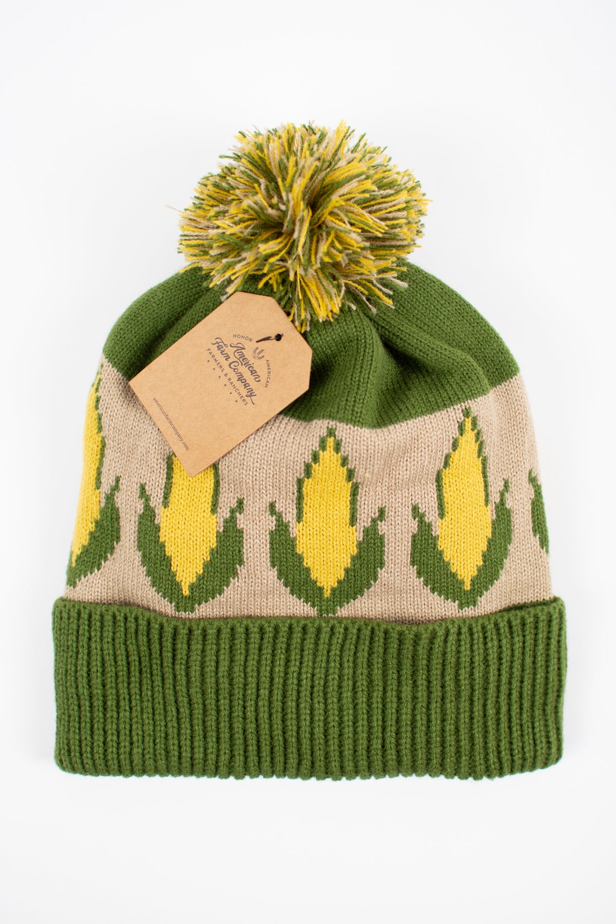 Corn Pattern Knit Pom-Pom Cuffed Stocking Cap