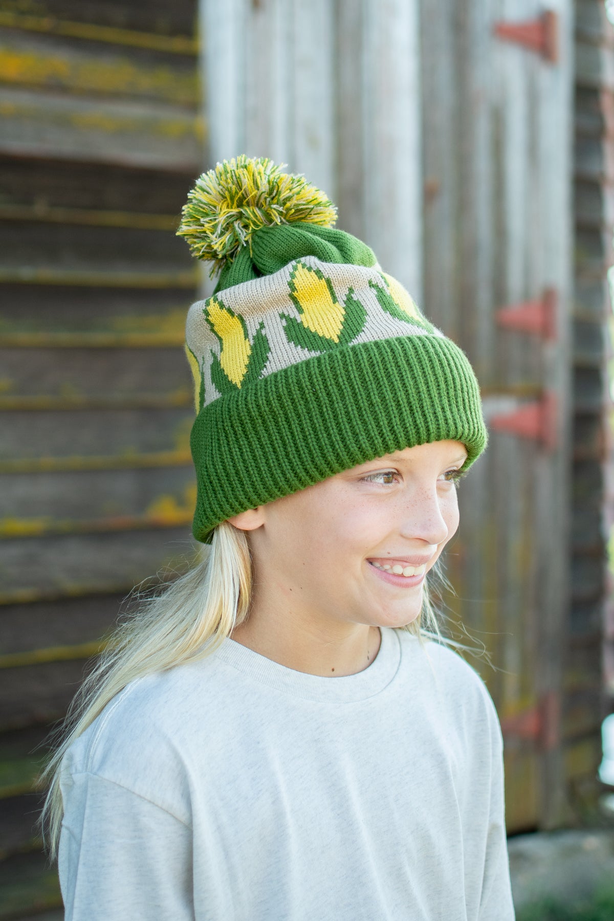 Corn Pattern Knit Pom-Pom Cuffed Stocking Cap