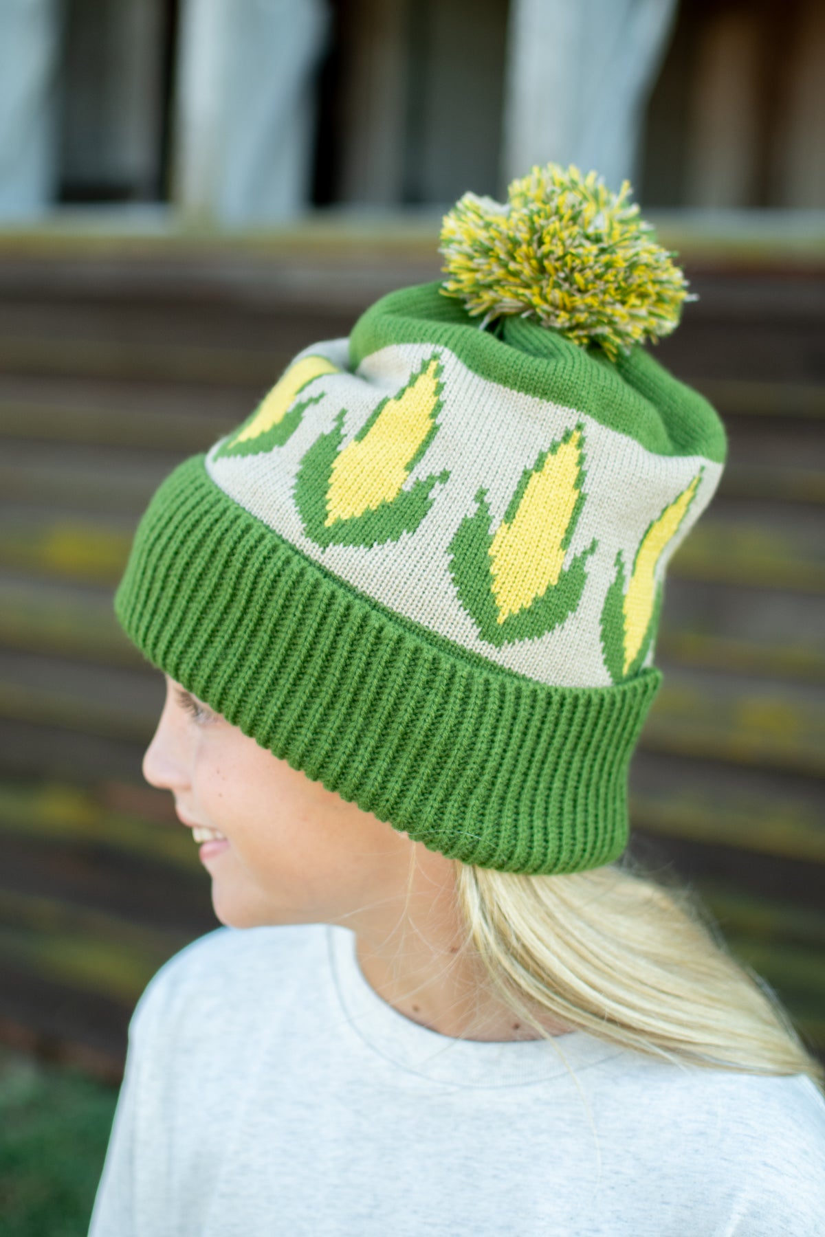 Corn Pattern Knit Pom-Pom Cuffed Stocking Cap